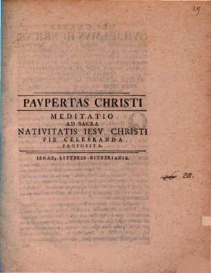 Paupertas Christi : Meditatio Ad Sacra Nativitatis Iesu Christi Pie Celebranda Proposita