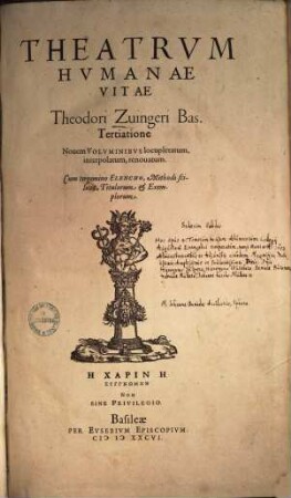 Theatrvm Hvmanæ Vitæ Theodori Zuingeri Bas. Tertiatione : Nouem Volvminibvs locupletatum, interpolatum, renouatum. Cum tergemino Elencho, Methodi scilicet, Titulorum & Exemplorum, Vol. 1-29