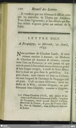 Lettre DXLV. A Pecquigny, ce Mécredi, 27. Avril, 1689