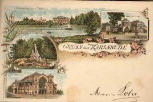Postkartenalbum. "Gruss aus Karlsruhe". Stadtgartensee und Festhalle, Vierordt-Bad, Nymphengruppe und Festhalle