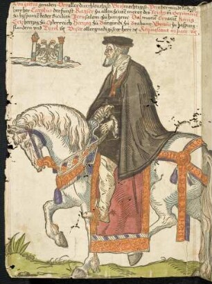 Karl V. zu Pferde, Säulen der Macht mit Kronen flankieren den Doppelalder