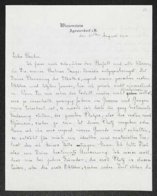 Brief von Gerhart Hauptmann an Otto Brahm, geschrieben von Edith Cox