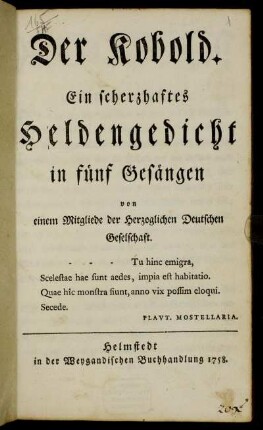 Der Kobold : Ein scherzhaftes Heldengedicht in fünf Gesängen