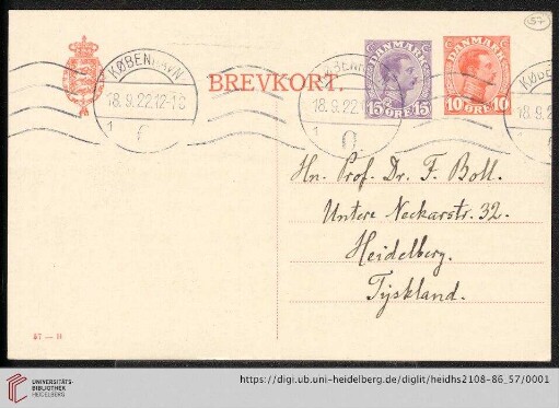 Briefe von Johan L. Heiberg an Franz Boll: Karte von Johan L. Heiberg an Franz Boll