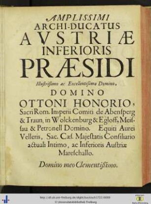 Illustrissimo ac excellentissimo domino domino Ottoni Honorio…
