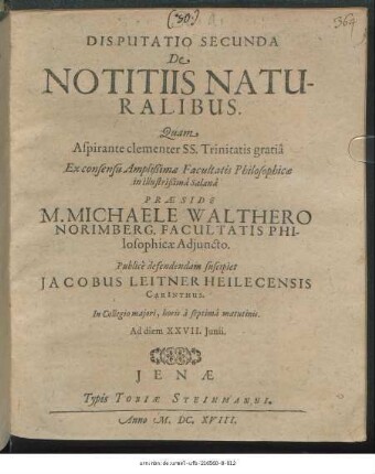 Disputatio Secunda De Notitiis Naturalibus