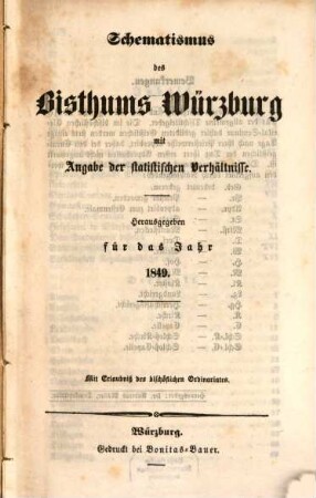 Schematismus der Diözese Würzburg. 1849