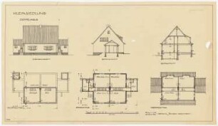 Musterhäuser für Kleinsiedlungen: Doppelhaus einer Kleinsiedlung mit Vorderansicht, Seitenansicht, Querschnitt, 3 Grundrisse von Kellergeschoss, Erdgeschoss und Obergeschoss 1:100, Schnitt durch die Außenmauer 1:100