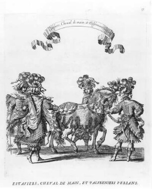 Estafiers, Cheval de main, Palfreniers Persans : Estafiers, Cheval de main, Palfreniers Persans. Aus: Vorlagen für die Bemalung der Vasen, Seite 31. Kupferstich; 30,0 x 26,0 cm. Dresden: Kupferstich-Kabinett in B 1949,3