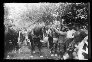 Soldaten und Pferde an Rastplatz