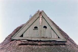 Reinbeker Straße 4a: giebelständige Fachwerkkate mit Reetdach: Giebelseite Dach, Detailaufnahme: Verbretterung an Giebelspitze, Eulenlöcher, Schäden