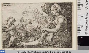 Stillende Frau mit zwei Kindern vor einer Landschaft