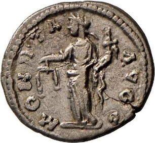 Denar des Caracalla mit Darstellung der Moneta