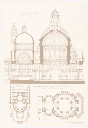 Santa Maria della Salute, Venedig. Superga, Turin: Querschnitte und Grundrisse (aus: Baukunst d. Renaissance in Italien u. Spanien, hrsg. v. Zeichenaussch. d. Stud. d. TH Berlin, 1875)