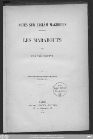 Notes sur l'Islâm maghribin : les Marabouts