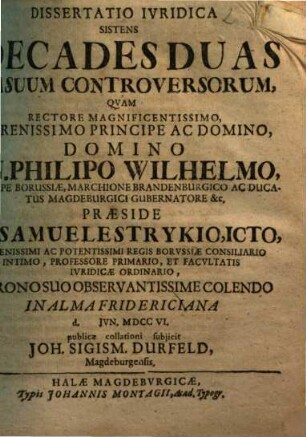 Dissertatio Iuridica Sistens Decades Duas Casuum Controversorum