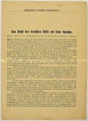 Offener Brief des Vorsitzenden des Allgemeinen Deutschen Sprachvereins an die Reichsregierung und Nationalversammlung zur allgemeinen Verständlichkeit der deutschen Sprache und der Vermeidung von Fremdwörtern