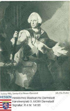 Ludwig VIII. Landgraf v. Hessen-Darmstadt (1691-1768) / Porträt, in Raumkulisse stehend, Kniestück
