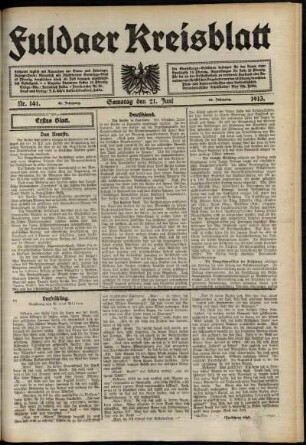 Erste Ausgabe vom Samstag, den 21. Juni 1913.