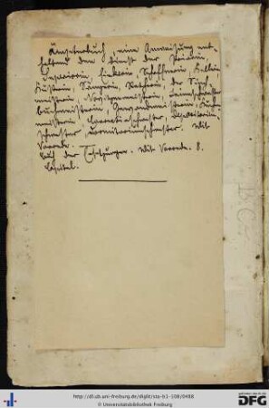 [Beiliegend] Zettel mit Notizen zum Inhalt der Handschrift.