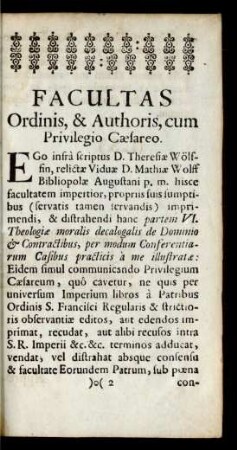 Facultas Ordinis, & Authoris, cum Privilegio Caesareo