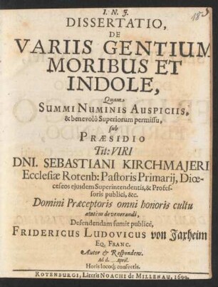 Dissertatio, De Variis Gentium Moribus Et Indole