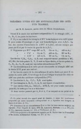 THÉORÈMES DIVERS SUR LES ANTIPARALLÈLES DES COTÉS D'UN TRIANGLE.