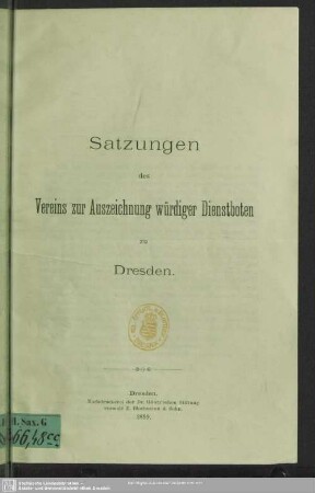 Satzungen des Vereins zur Auszeichnung würdiger Dienstboten zu Dresden