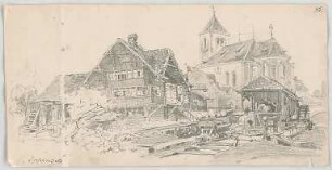 Bauernfeind, Gustav; Italien; Österreich; Schweiz; Studien- und Reiseskizzen - Stadt mit Sägmühle in Appenzell, Schweiz (Perspektive)