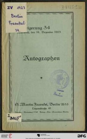 Autographen : Versteigerung 19. Dezember 1923 (Katalog Nr. 34)