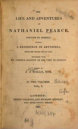 The life and adventures of Nathaniel Pearce. 1. - IX, 348 S.