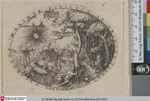 [Junge mit Totenschädel und Sanduhr unter einem Baum liegend; Boy with Skull and Hourglass, reclining in a Landscape]