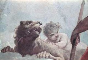Weibliche Personifikation mit Putto und Löwe