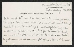Brief von Hedwig Buller an Margarete Hauptmann