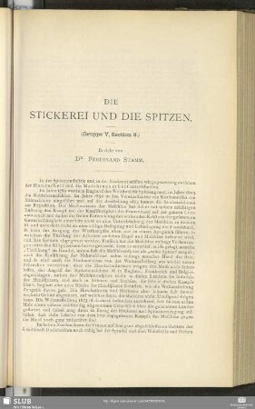 Die Stickerei Und Die Spitzen : (Gruppe V, Section 8)