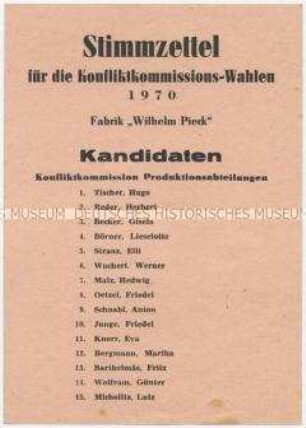 Stimmzettel für die Wahl der Konfliktkommission der Fabrik "Wilhelm Pieck"