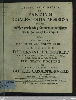 Dissertatio Medica De Partium Coalescentia Morbosa