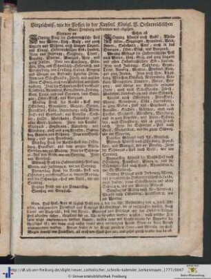 Verzeichniß, wie die Posten in der Kaiserl. Königl. V. Oesterreichischen Stadt Freyburg ankommen und abgehen.