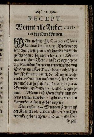 Recept. Womit alle Fieber curiret werden können