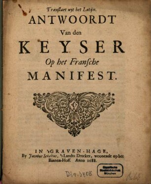 Antwoordt Van den Keyser Op het Fransche Manifest