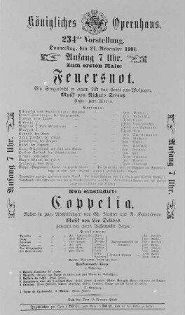 Theaterzettel zur Uraufführung der Oper "Feuersnot" von Richard Strauss mit Libretto von Ernst von Wolzogen und dem Ballett "Coppelia" von Leo Delibes (Neueinstudierung). Königliches Opernhaus Dresden, 21. November 1901. Reproduktion