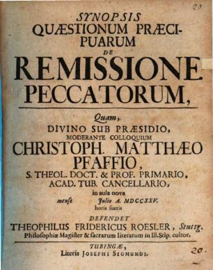 Synopsis quaestionum praecipuarum de remissione peccatorum