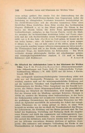 248-249 [Rezension] Rauscher, Fridolin, Die Mitarbeit der einheimischen Laien am Apostolat in den Missionen der Weissen Väter