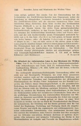 248-249 [Rezension] Rauscher, Fridolin, Die Mitarbeit der einheimischen Laien am Apostolat in den Missionen der Weissen Väter