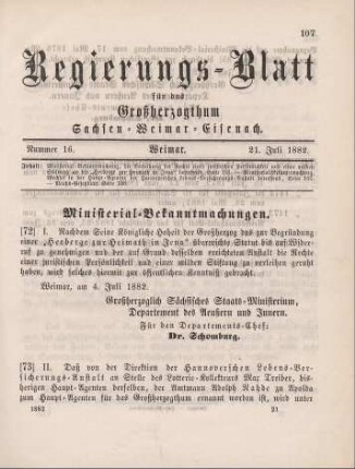 73. Ministerial-Bekanntmachung, den Wechsel in der Haupt-Agentur der Hannoverschen Lebens-Versicherungs-Anstalt betreffend
