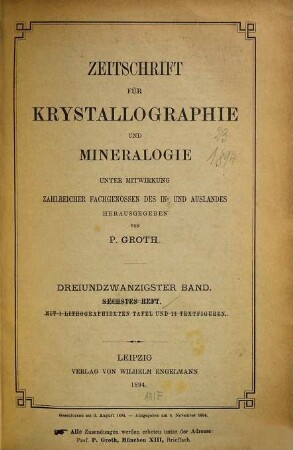 Zeitschrift für Krystallographie und Mineralogie. 23. 1894