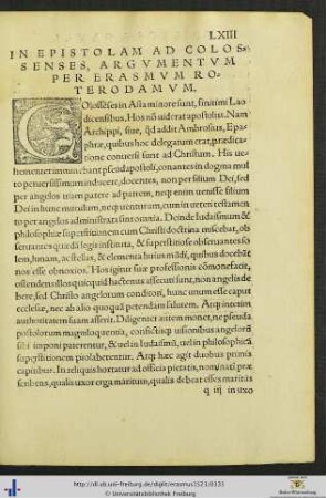 Epistola Ad Colossenses cum Argumento