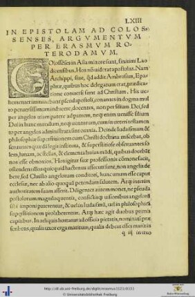 Epistola Ad Colossenses cum Argumento