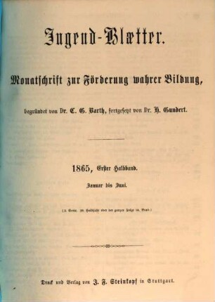 Jugendblätter. 1865,1 = Jan. - Juni = Ser. 3, Halbj. 28 = Bd. 58