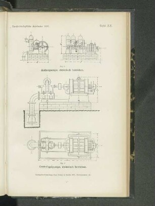 Tafel XX. Fig. 1. Kolbenpumpe, elektrisch betrieben. - Fig. 2. Centrifugalpumpe, elektrisch betrieben.